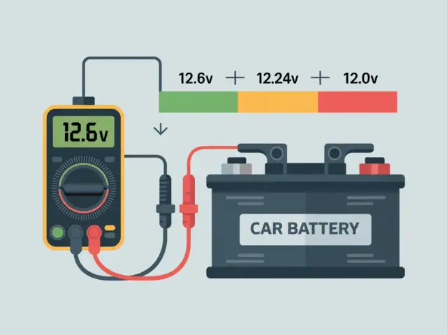 Multimetr podłączony do akumulatora samochodowego, pokazujący napięcie 12.6V.
