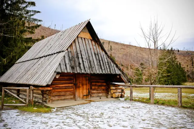 Drewniana bacówka w Dolinie Kościeliskiej, otoczona ośnieżonymi polami i lasem.