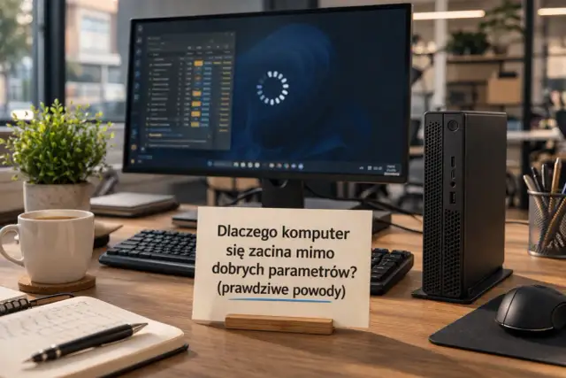 Biurko z komputerem, klawiaturą i myszką. Kartka z napisem "Dlaczego komputer się zacina mimo dobrych parametrów? (prawdziwe powody)" sugeruje, jak sprawdzić podzespoły komputera.