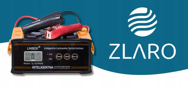 Inteligentna ładowarka samochodowa LINBOX z klemami, wyświetlaczem i logo ZLARO.
