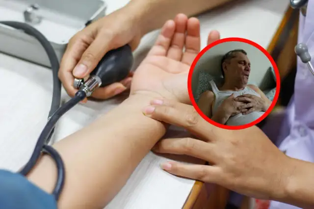 Pomiar pulsu i pacjent z bólem w klatce piersiowej.