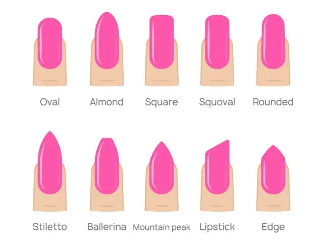 Odkryj, jaki kształt paznokci wyszczupla palce: owalny, migdałowy, kwadratowy, squoval, zaokrąglony, szpiczasty, balerina, mountain peak, lipstick, edge.