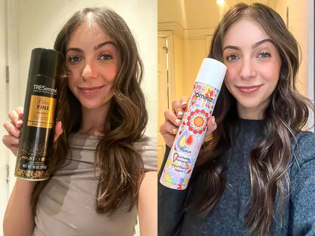 Kobieta prezentuje dwa produkty do włosów. Po lewej TRESemmé Ultra Fine Hairspray, po prawej Amika Fluxus. Oba zapewniają lekką trwałą unoszącą włosy.