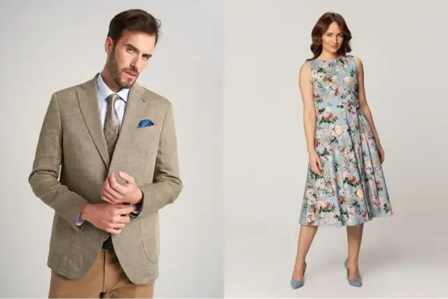 Mężczyzna w beżowej marynarce i kobieta w kwiecistej sukience.