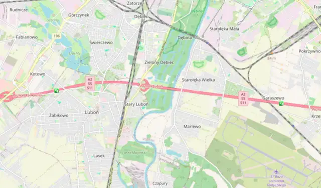 Mapa okolic Poznania z zaznaczonym odcinkowym pomiarem prędkości na A2. Widoczne Luboń, Świerczewo, Garaszewo.