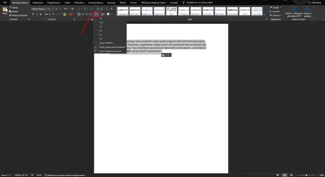 Jak ustawić interlinię w Wordzie? Kliknij ikonę z liniami i strzałkami, aby wybrać odstęp między wierszami.