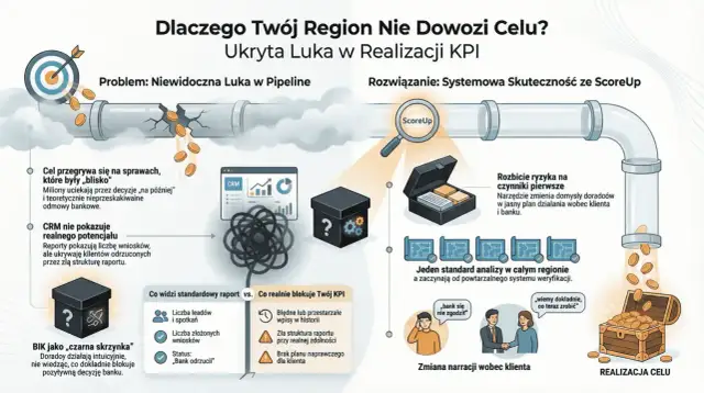 BIK jako "czarna skrzynka" blokuje decyzje banku. Raport pokazuje wnioski, ale ukrywa odrzuconych klientów. ScoreUp rozwiązuje problem.