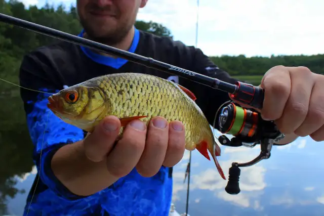 Wędkarz trzyma złowioną rybę i wędkę z kołowrotkiem na tle wody i nieba.