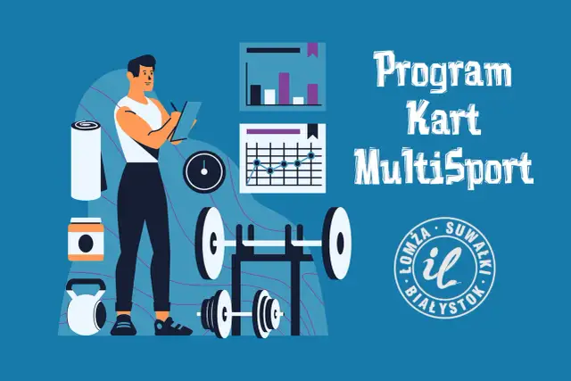 Ilustracja mężczyzny z tabletem, sprzętem do ćwiczeń i wykresami, z napisem "Program Kart MultiSport".