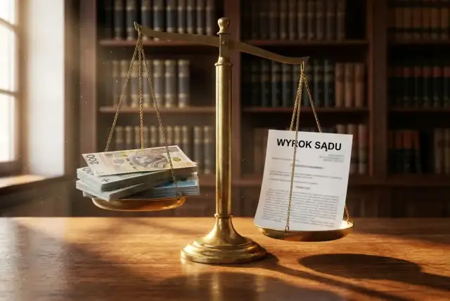 Waga szalkowa z pieniędzmi po jednej stronie i dokumentem "Wyrok Sądu" po drugiej.