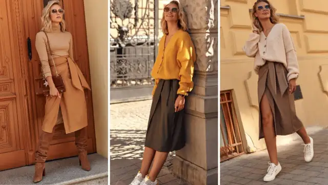 Eleganckie spódnico-spodnie do kolan w odcieniach brązu i zieleni, zestawione z swetrami i botkami lub sneakersami.