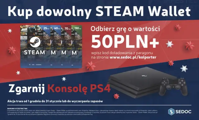 Kupony Steam Wallet o różnych nominałach, konsola PS4 i kontroler.