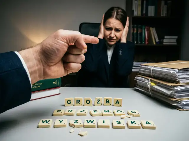 Zrozumienie, co grozi za groźby karalne, jest kluczowe. Kobieta w biurze zakrywa uszy, gdy ręka wskazuje palcem.