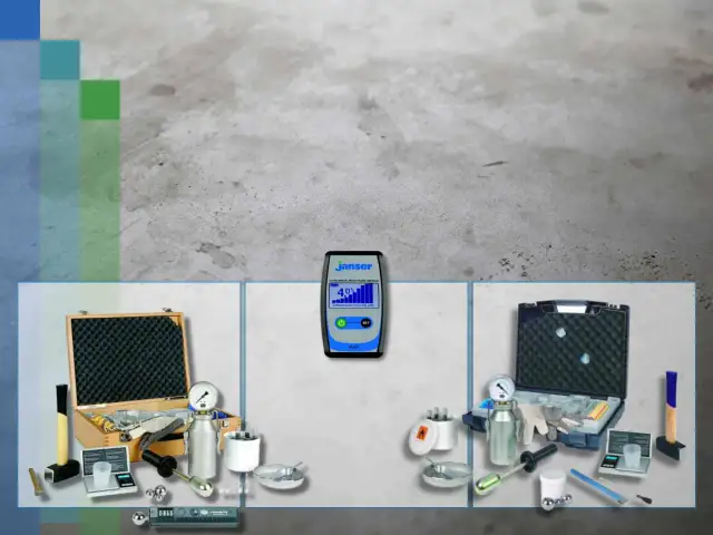 Zestawy do pomiaru wilgotności betonu i jastrychu. Urządzenie Janser pokazuje 4.0% wilgotności.