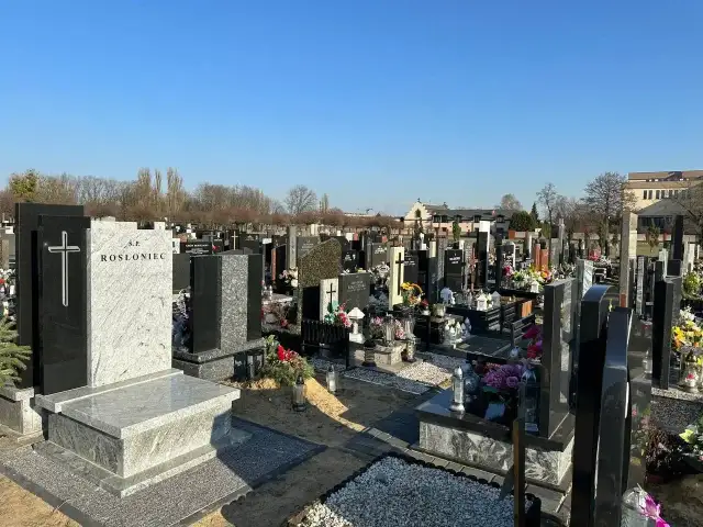 Nagrobek z krzyżem i napisem "Ś.P. ROSŁoniec" na tle cmentarza.