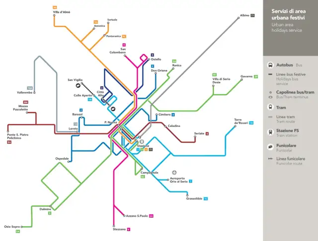 Mapa komunikacji miejskiej Bergamo: linie autobusowe, tramwajowe i kolejki.