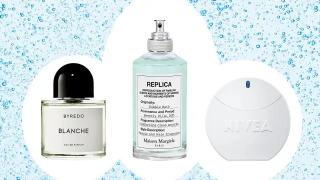 Drei Parfümflaschen: Byredo Blanche, Maison Margiela Replica Bubble Bath, Nivea.