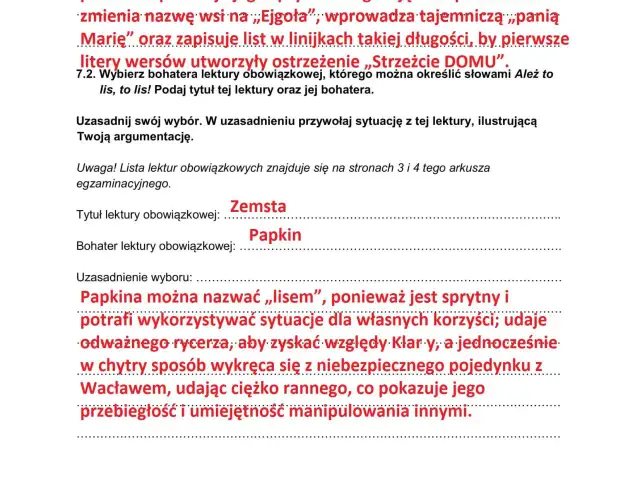 Fragment tekstu z polskiego egzaminu ósmoklasisty, zawierający pytania i odpowiedzi dotyczące lektur.