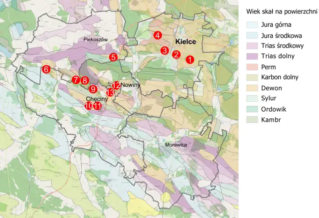 Mapa Gór Świętokrzyskich z zaznaczonymi punktami i legendą wieku skał.