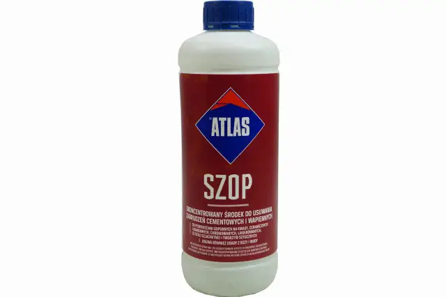 Butelka środka czyszczącego Atlas Szop. Skoncentrowany preparat do usuwania zabrudzeń cementowych i wapiennych.