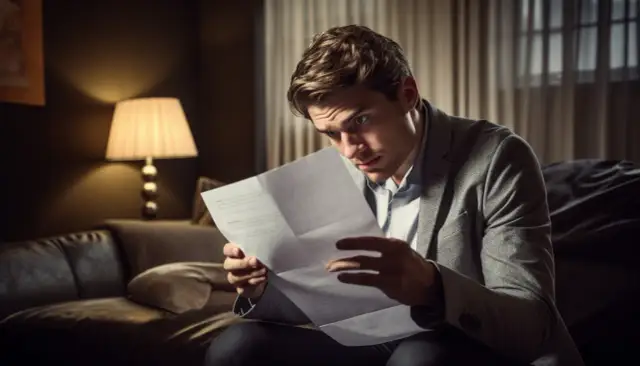 Młody mężczyzna zszokowany czyta list. Może to spadek po matce, gdy ojciec nie żyje, a treść dokumentu wywołuje niepokój.