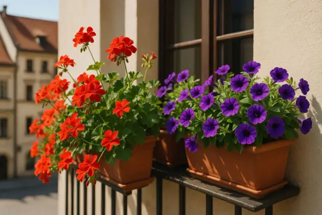 Jasne, oto propozycja:

Kwiaty na parapet zewnętrzny: czerwone pelargonie i fioletowe petunie tworzą barwną kompozycję, ozdabiając okno kamienicy.