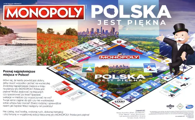 Monopoly Polska: plansza gry z widokami Polski, Mr. Monopoly i polskimi miejscami.