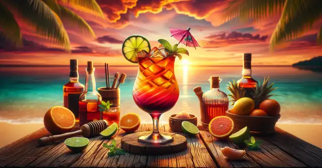 Tropikalny drink rum punch z owocami i butelkami alkoholu na plaży o zachodzie słońca.