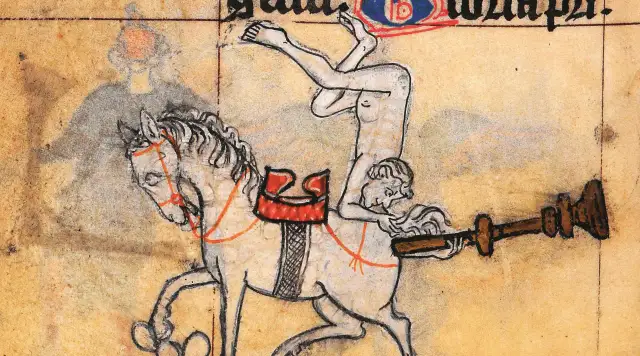 Ilustracja z rękopisu: akrobata na koniu trzymający drewniany przedmiot.