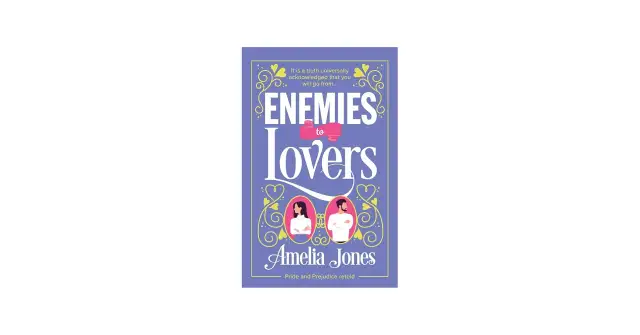 Okładka książki "Enemies to Lovers" Amelii Jones. Dwie postacie w medalionach, symbolizujące przemianę od wrogów do zakochanych.