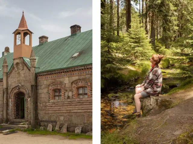 Kamienna stacja turystyczna Orle z zielonym dachem i wieżyczką. Obok młoda kobieta siedzi nad strumieniem w lesie.