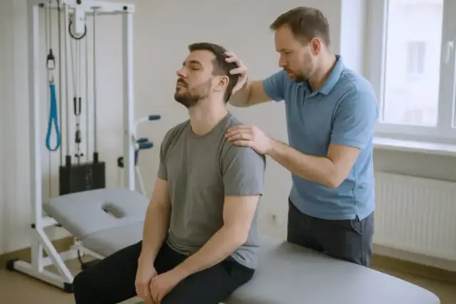 Fizjoterapeuta wykonuje masaż karku pacjentowi siedzącemu na kozetce.