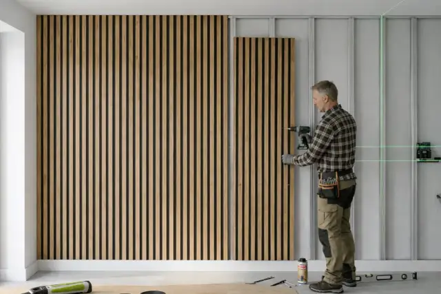 Mężczyzna montuje drewniane lamele na ścianie, używając wiertarki. Pokazuje, jak zrobić lamele krok po kroku.