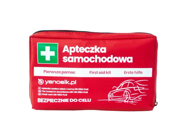 Czerwona apteczka samochodowa z białym krzyżem i napisem "Apteczka samochodowa".
