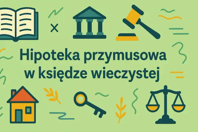 Ilustracja z ikonami: księga, budynek sądu, młotek, dom, klucz, waga sprawiedliwości.