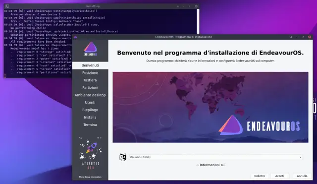 Ekran instalacyjny EndeavourOS wita użytkownika. Widać menu z opcjami instalacji i logo systemu.