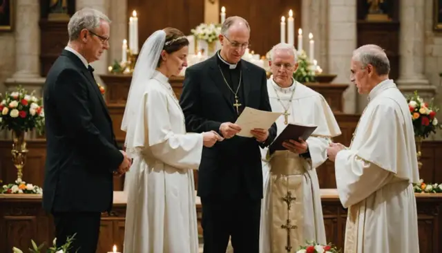 Ślub kościelny: para młoda, ksiądz i ministranci w kościele.