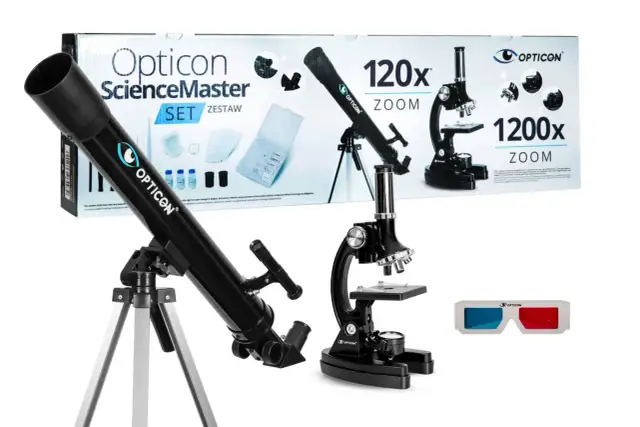 Teleskop, mikroskop i okulary 3D na białym tle, w tle pudełko z napisem "Opticon ScienceMaster SET".
