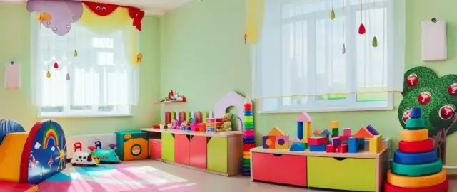 Kolorowy pokój dziecięcy z zabawkami i meblami.