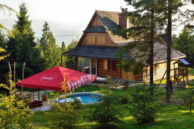 Drewniana bacówka u Dudka z basenem i czerwonym parasolem. Otoczona zielenią i górami.