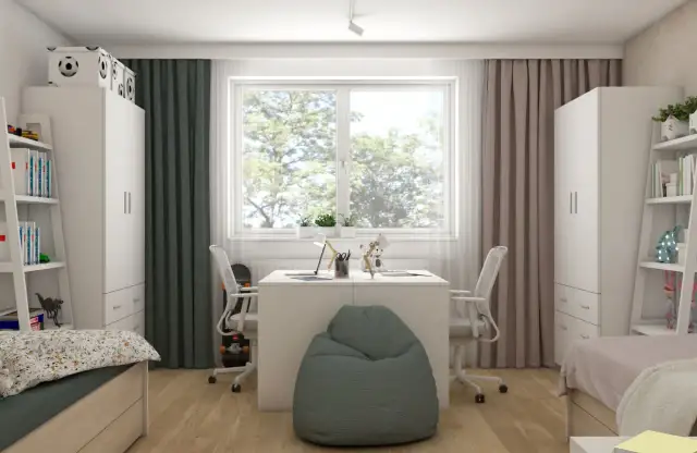Pokój dla chłopca i dziewczynki z dwoma biurkami, szafami i łóżkami. W tle okno z widokiem na drzewa.