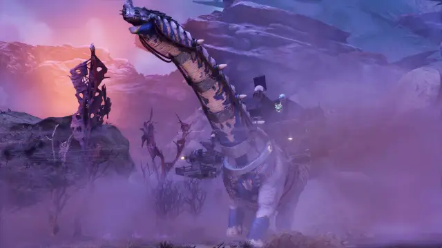 Dinozaur z platformą na grzbiecie na tle fioletowego krajobrazu z dziwnymi roślinami.