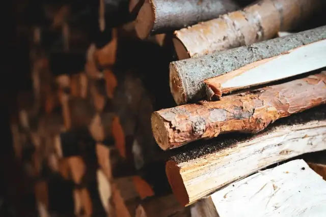 Stos drewna opałowego, idealny do sprawdzenia, jak sprawdzić wilgotność drewna. Różne rodzaje drewna, niektóre z korą, inne bez.