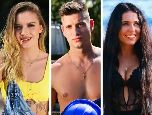 Trzech uczestników Hotel Paradise 3: blondynka w żółtym topie, brunet z tatuażem na klatce piersiowej i brunetka w czarnej koronkowej bieliźnie.