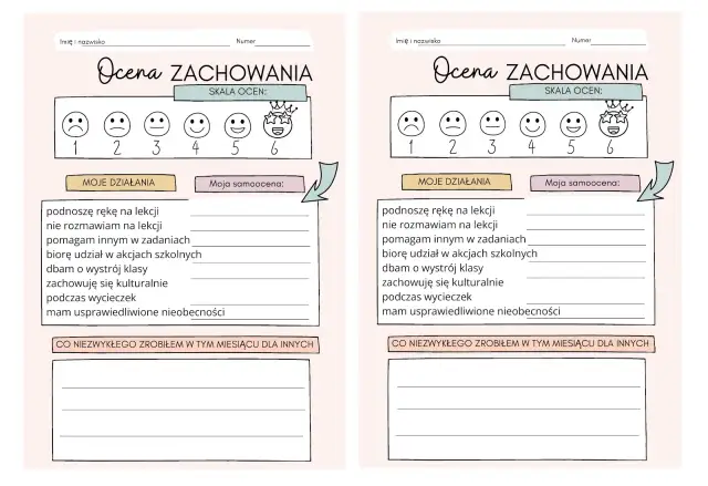 Formularz oceny zachowania, gdzie człowiek wobec presji otoczenia może ocenić swoje działania i samoocenę.