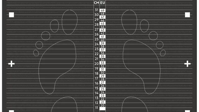 Schemat z obrysami stóp i tabelą rozmiarów butów dziecięcych w cm i EU.