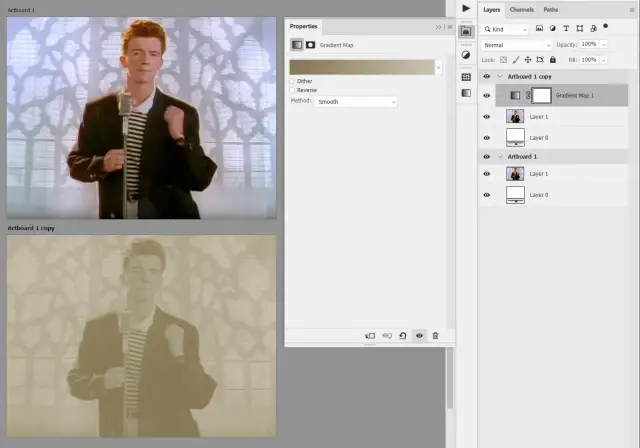 Rick Astley w kadrze, z efektem złoty kolor photoshop. Widoczny panel warstw i właściwości.
