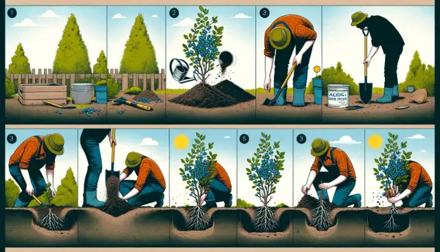 Ilustracja pokazuje jak sadzić borówkę amerykańską, zwracając uwagę na odpowiednie odstępy między sadzonkami.