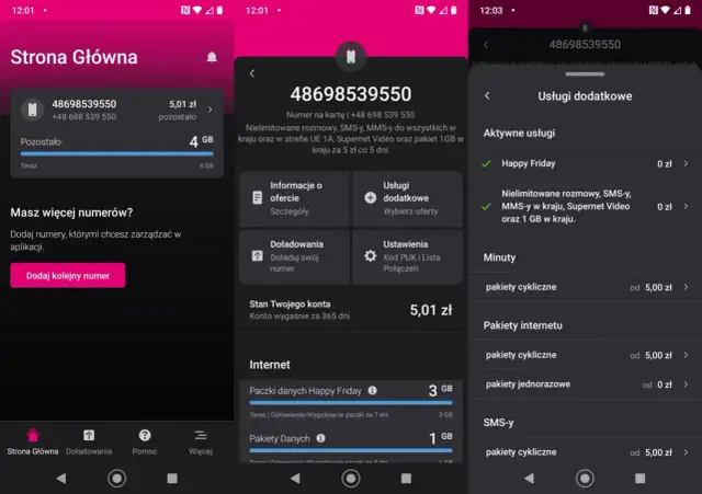 Stan konta T-Mobile: 5,01 zł, 4 GB internetu. Pakiet Happy Friday aktywny.