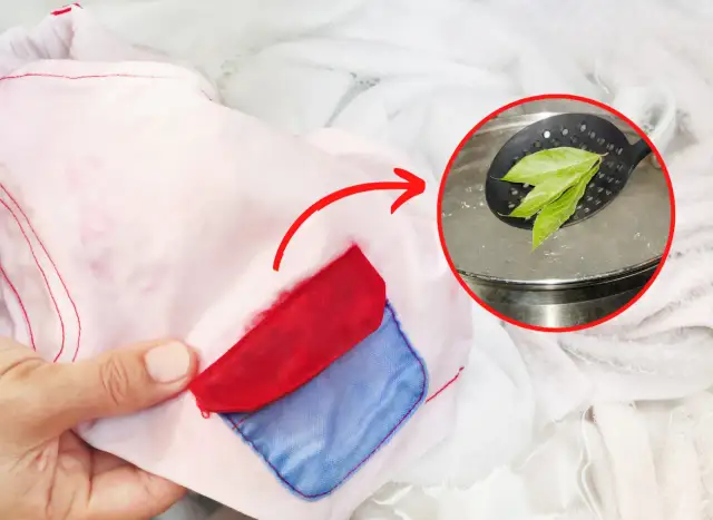 Ręka trzyma białą tkaninę z plamami, obok kociołek z liśćmi laurowymi.